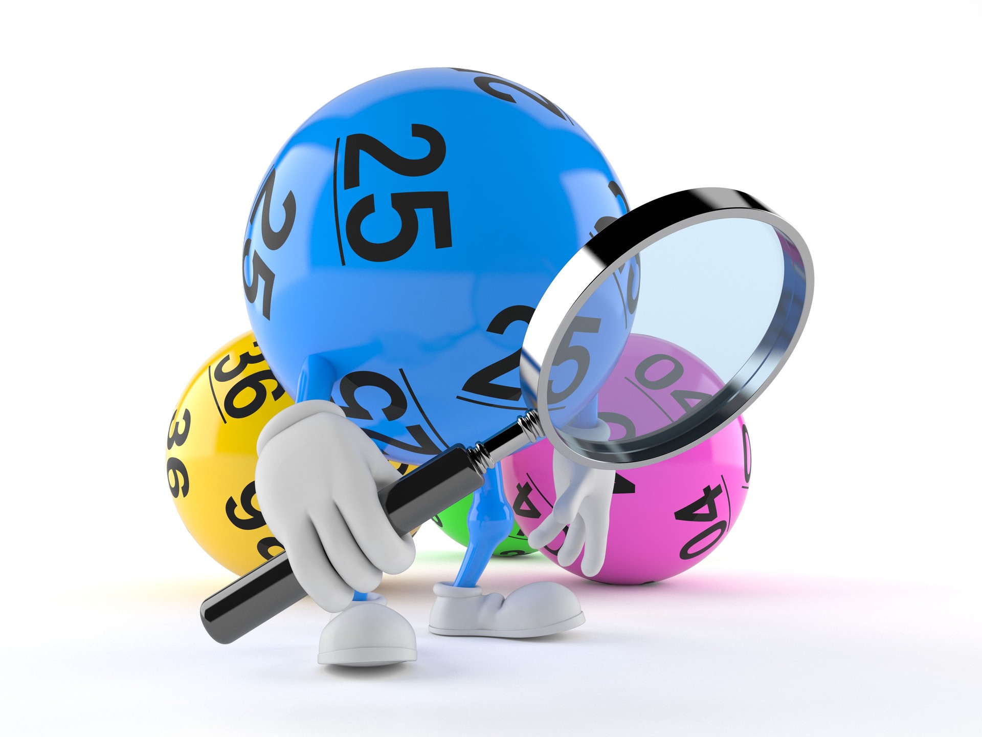 Lotto ball character looking through magnifying glass